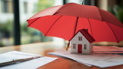 Home insurance protection concept with house model and red umbrella