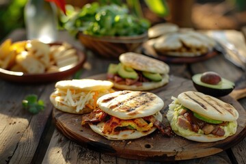 Delicious Grilled Flatbread Sandwiches with Fresh Ingredients and Side Dishes on a Rustic Woode