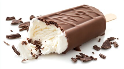 Chocolate covered ice cream bar with bite and chocolate pieces - sweet summer dessert concept