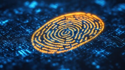 Digital fingerprint glows orange over a blue circuit board background