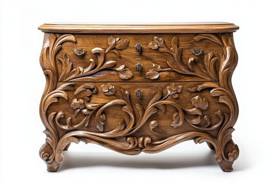 Elegant Wooden Dresser with Intricate Floral Carvings in Studio Setting, Showcasing Timeless Craftsmanship and Natural Beauty for Home Decor Inspiration