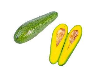 Fresh ripe avocado whole and halves isolated on white background
