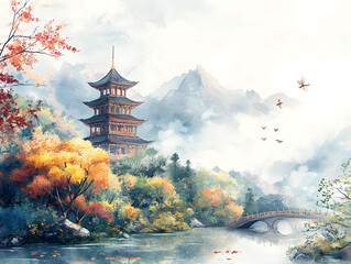 Obraz premium Japanese style background, A famous place in Japan with Chureito Pagoda and Mount Fuji during the spring