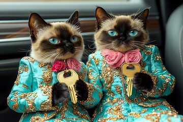 Two cats wearing ornate clothing holding a golden key
