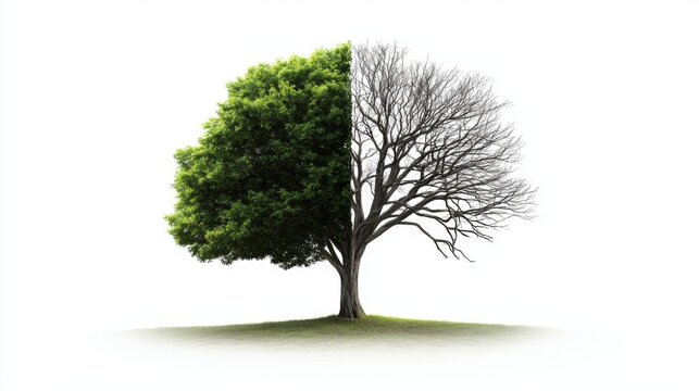 Duality of nature concept with half lush green and half bare tree for environmental awareness and seasonal change illustration