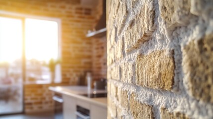 Cozy sunlit kitchen with exposed brick walls in modern home interior design