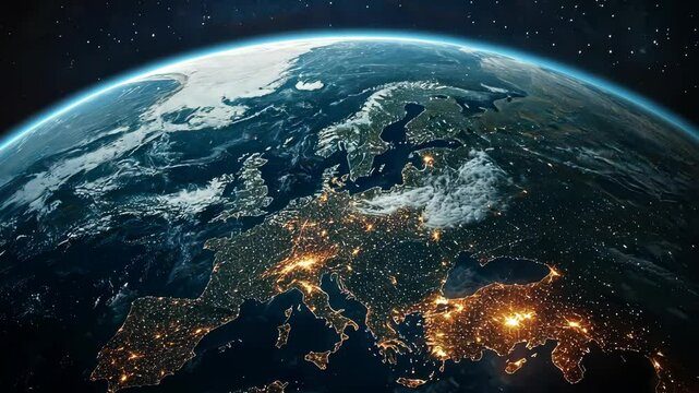 Rotating view of earth from space showcasing illuminated europe at night