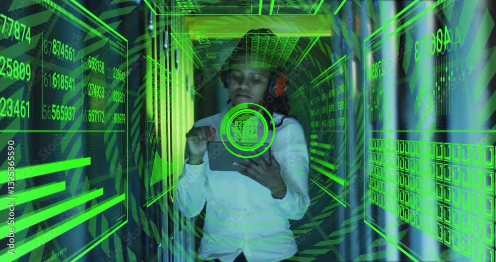 Poster using tablet with green digital data animation overlay in school setting