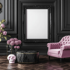 mockup of a gothic black frame with a pink sofa and skull decoration