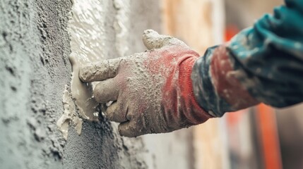 Hand applying plaster on wall, construction and renovation concept