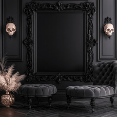 black empty gothic frame on the wall with skull decoration