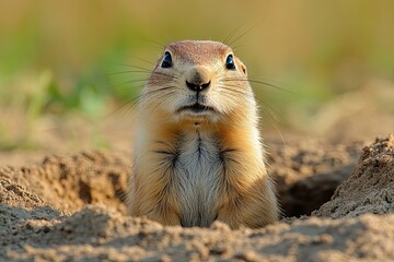 A curious small animal peeks out from its underground burrow