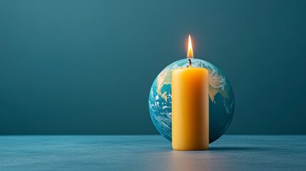 Yellow Candle in Front of Globe Symbolizing Light and Global Awareness