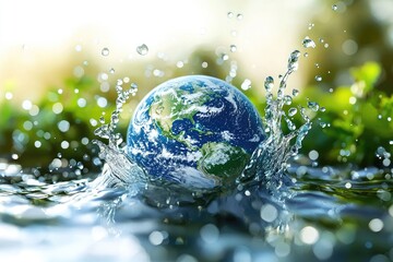 Earth splashes into water, symbolizing sustainability, conservation, and water day awareness. Perfect for water protection, climate change, and eco friendly initiatives
