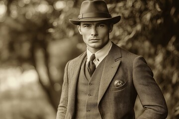 A well dressed man wearing a hat and suit poses