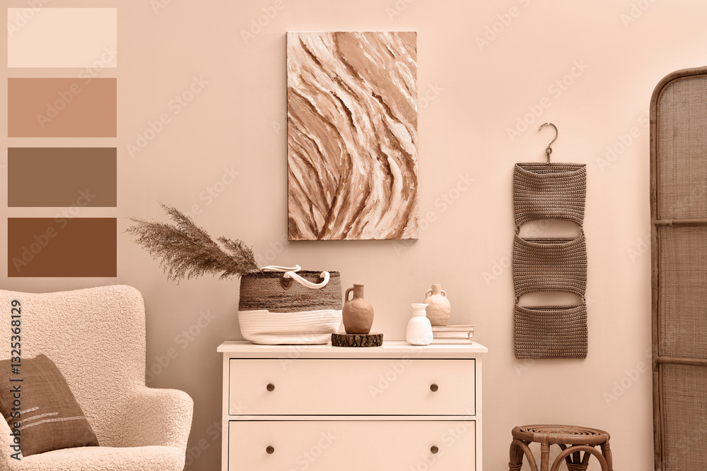 Poster stylish room with furniture and decorative elements in mocha mousse shade. interior design with matc