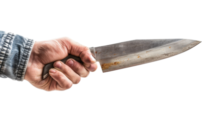 Chef holding old rusty knife on transparent background