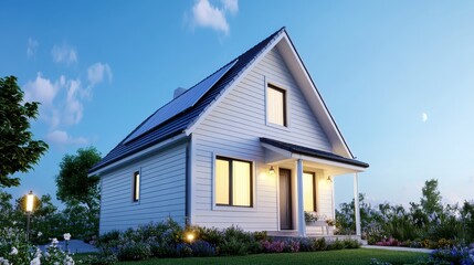 Cozy Modern House with Solar Panels at Dusk in Peaceful Setting