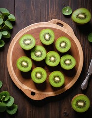 kiwi fruit on a rustic wooden plate