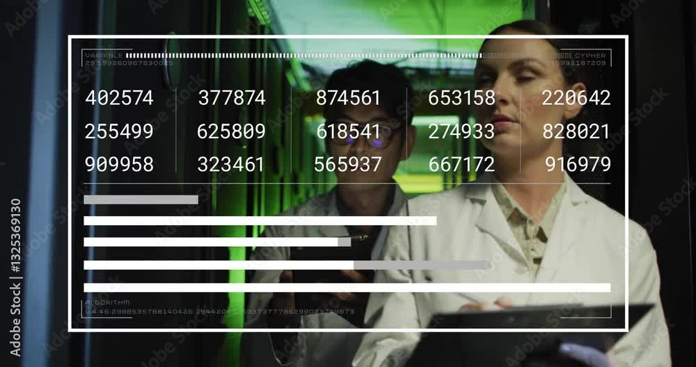 Aufkleber analyzing data, scientists in laboratory using digital numbers and graphs animation