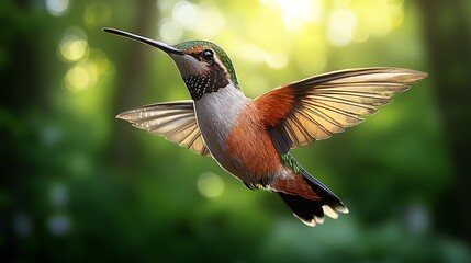 Fototapeta premium A beautiful hummingbird in flight with transparent extended wings