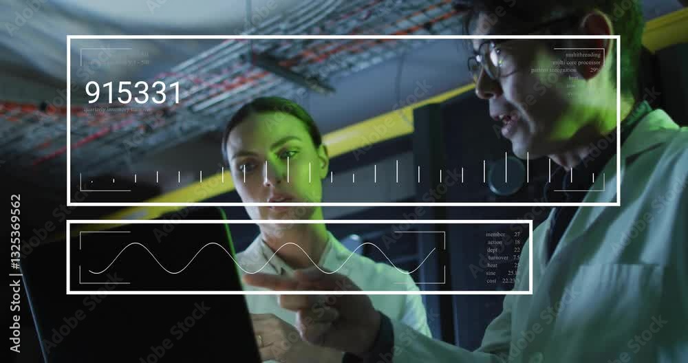 Poster in laboratory, scientists analyzing data with digital graphs and animation overlay