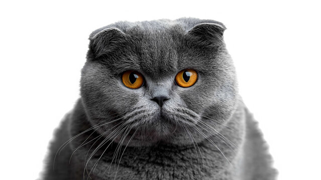 A Scottish Fold cat sitting with a grumpy yet adorable expression, ears folded down