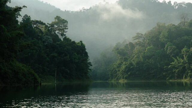 Foggy Rainforests At Cheow Lan Lake In Khao Sok National Park, Southern Thailand. Wide Shot