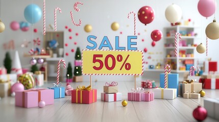A dynamic holiday shopping promotional design featuring a 50 sale sign colorful gift boxes balloons and other festive decor elements to create an exciting shopping atmosphere