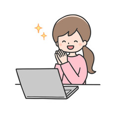 パソコンの前で喜ぶ女性