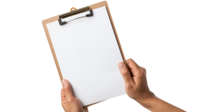 Two hands holding a clipboard with blank paper on transparent background - Powered by Adobe