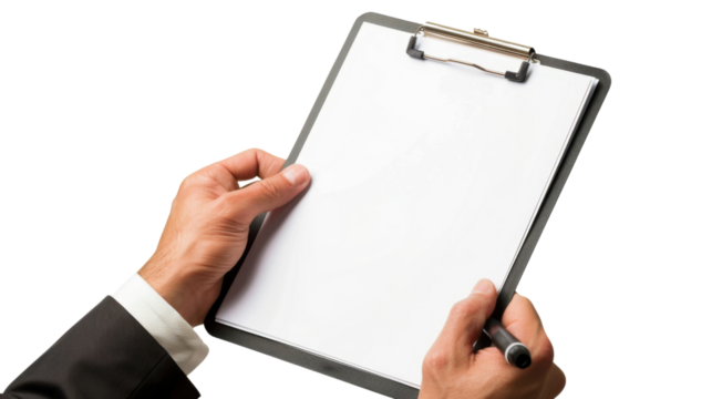Businessman holding clipboard and pen on transparent background