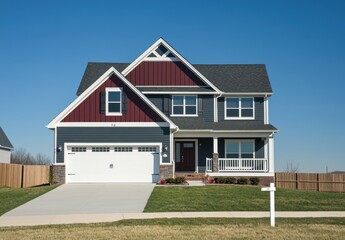 Obraz premium Charming Modern Family Home with Beautiful Exterior Design and Lush Lawn in a Residential Neighborhood Under Clear Blue Sky