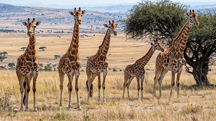 Obraz premium A group of elegant giraffes gather in the golden grasslands, their long necks towering above the plains as they enjoy the warmth of the afternoon sun and observe their surroundings.