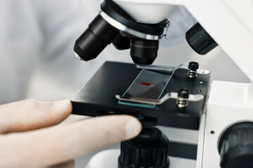 Scientist working with microscope in laboratory, closeup