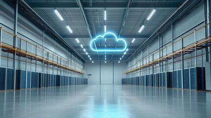 A vast technologically advanced warehouse featuring an expansive minimalist interior with symmetrical shelving efficient lighting and a striking neon cloud like structure