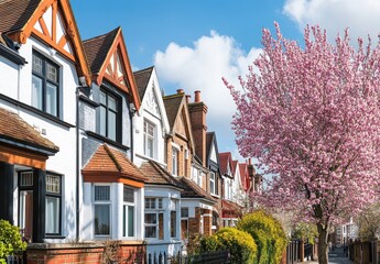 Fototapeta premium Charming residential street with traditional houses and blooming cherry blossom tree under a clear blue sky in springtime, perfect for lifestyle and nature themes
