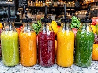 Five glass bottles filled with vibrant, freshly made juices stand proudly on a marble surface, surrounded by an array of bright fruits, showcasing a refreshing beverage selection.