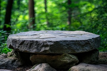 A stone table sits peacefully within a vibrant green forest setting
