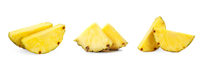 Fresh pineapple pieces isolated on white, set
