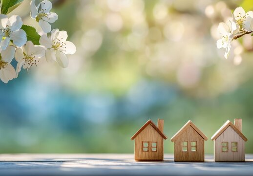 Charming Wooden Toy Houses in Natural Setting Surrounded by Blossoming Flowers and Soft Blur in Background, Ideal for Home and Family Themes