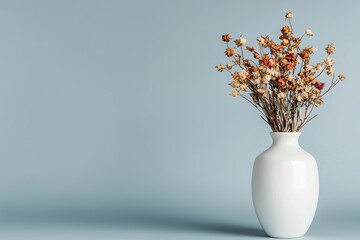 Mindful Living Simplicity Concepts. Dried flowers in a white vase against a light blue background.