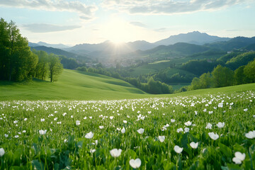 Obraz premium Serene Hillside Meadow, Sunlit Landscape with Blooming Flowers, Rolling Hills, and Distant Village at Sunset