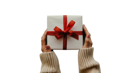 Woman holding white gift box with red ribbon on transparent background