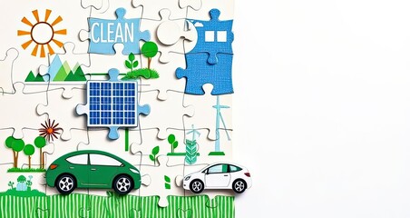 Green Energy Puzzle Eco Friendly Cars Solar Power Clean Energy Solution