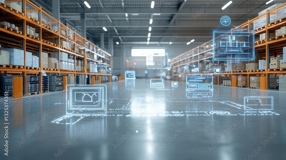 Poster a vast technologically advanced warehouse with efficient storage inventory management and logistics 