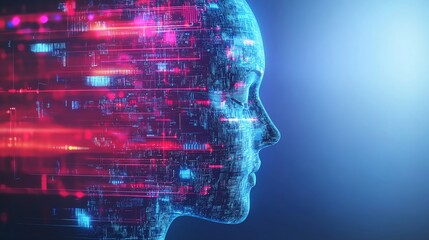 A futuristic digital silhouette of a human head, illuminated with vibrant data streams and technological elements, symbolizing AI and innovation.