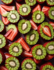 freshly cut kiwi fruit and strawberries on a wooden table