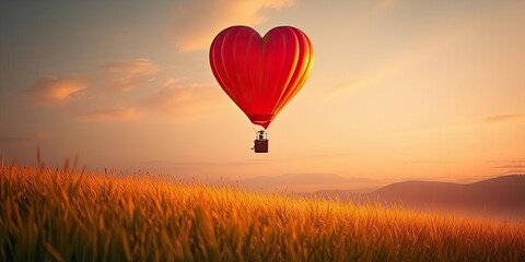 Obraz premium Heart Shaped Hot Air Balloon Sunrise Over Golden Field