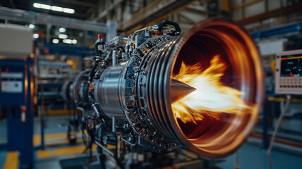 Fototapeta premium Rocket Engine Ignition Close-Up in Aerospace Facility 